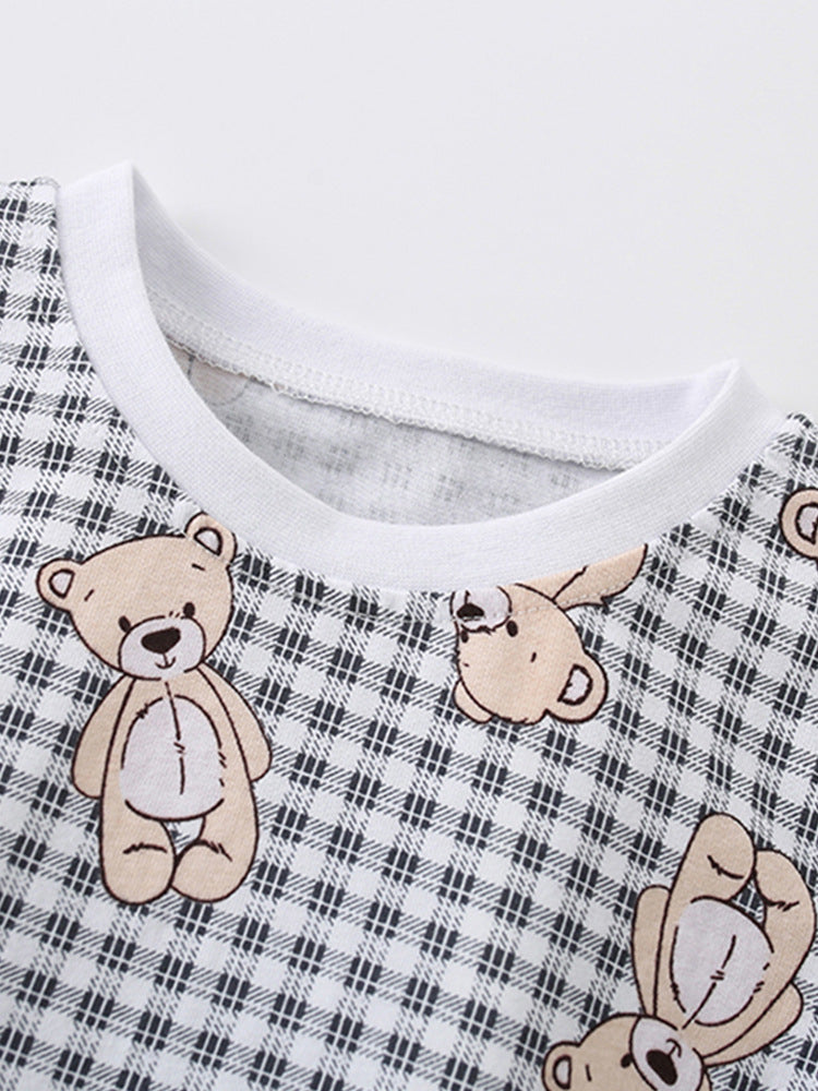 Summer Baby Kids Girls Teddy Bear Pattern Plaid Crew Neck Shirt And Denim Shorts Clothing Set-1