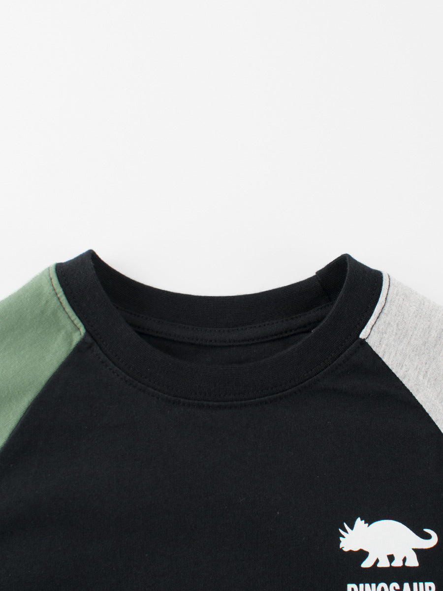 Spring Arrival Kids Dinosaur Logo Crew Neck Long Sleeves Color Patchwork Top-1