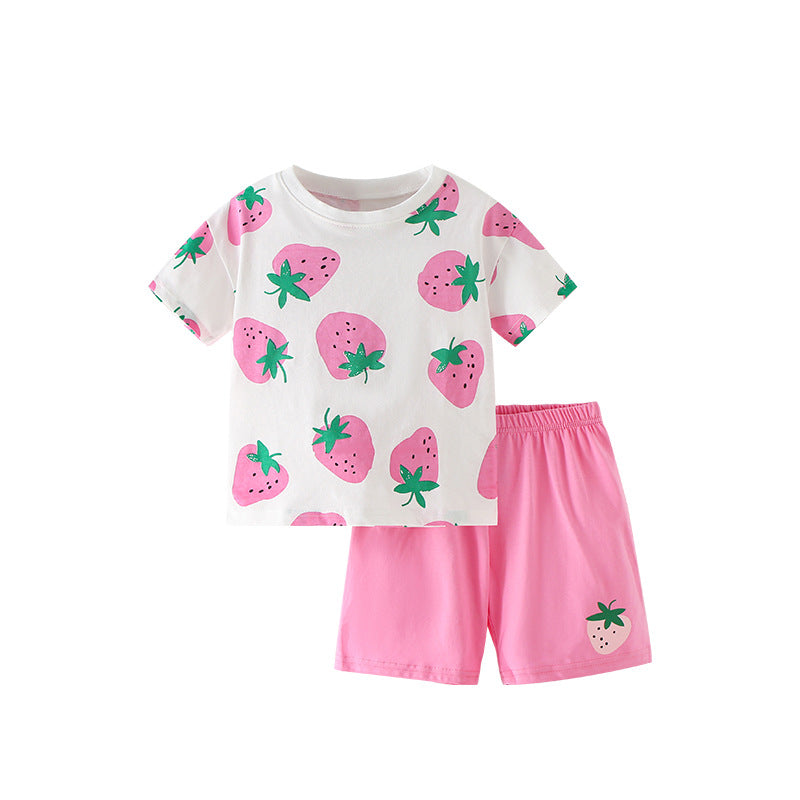 Summer Baby Kids Strawberry Fruits Pattern T-shirt and Shorts 2-Piece Clothing Set for Girls-0