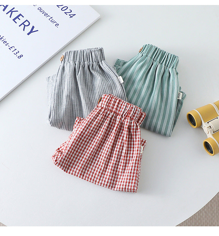 Summer Arrival Kids Unisex Cotton Casual Style Plaid or Striped Shorts-4