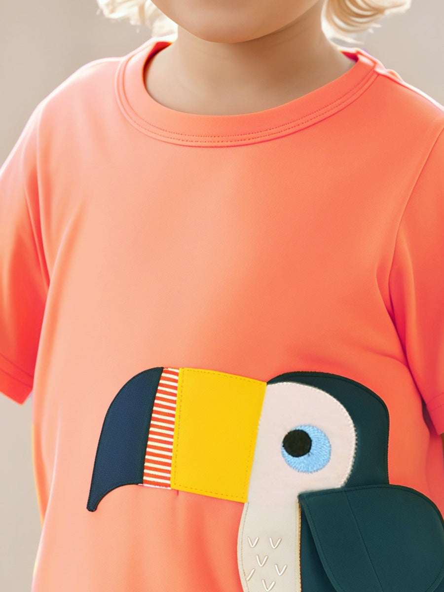 Kids’ Birds Cartoon Pattern Short Sleeves T-shirt in European and American Style for Summer-1