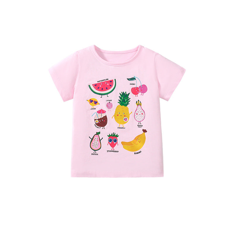 Kids’ Fruits Cartoon Pattern Short Sleeves T-shirt in European and American Style for Summer-4