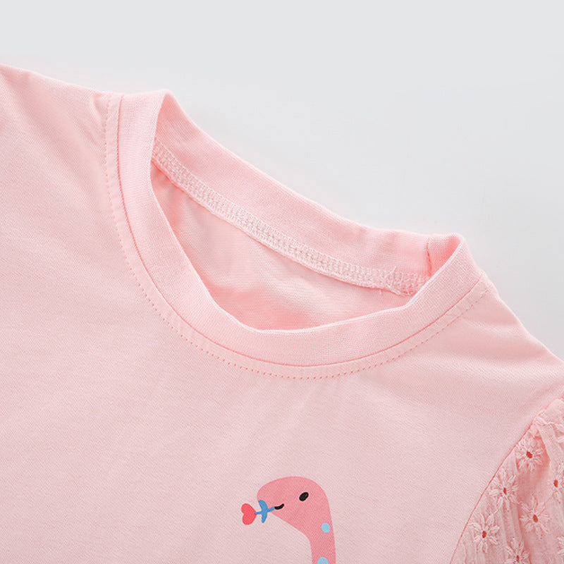 Girls’ Cartoon Pink Dinosaur Print Short Sleeves T-Shirt In European And American Style For Summer-2