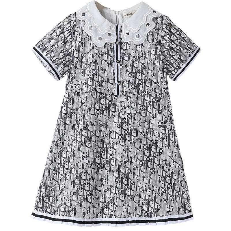 New Design Summer Kids Girls Abstract Letters Print Fashion Short Sleeves Hollow Out Collar Dress-1