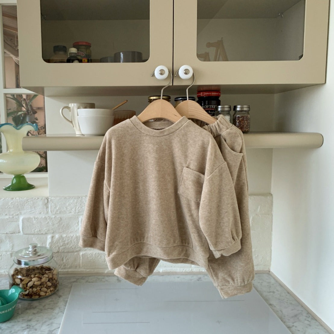 Spring Baby And Kids Unisex Solid Color Pullover Top With Pocket And Pants Clothing Set-2