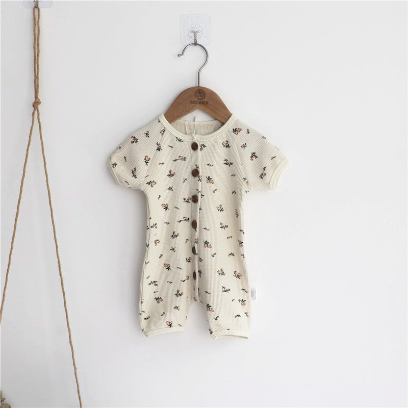 Baby 1pcs Allover Floral Graphic & Solid Single Breasted One PieceJumpsuit-2