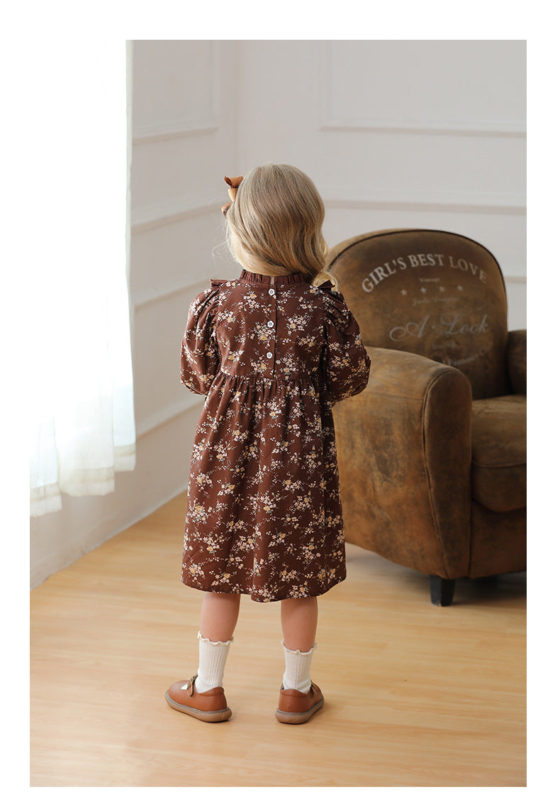 Design Autumn Girls Vintage Floral Long Puff Sleeves Ruffle Neck Dress-2