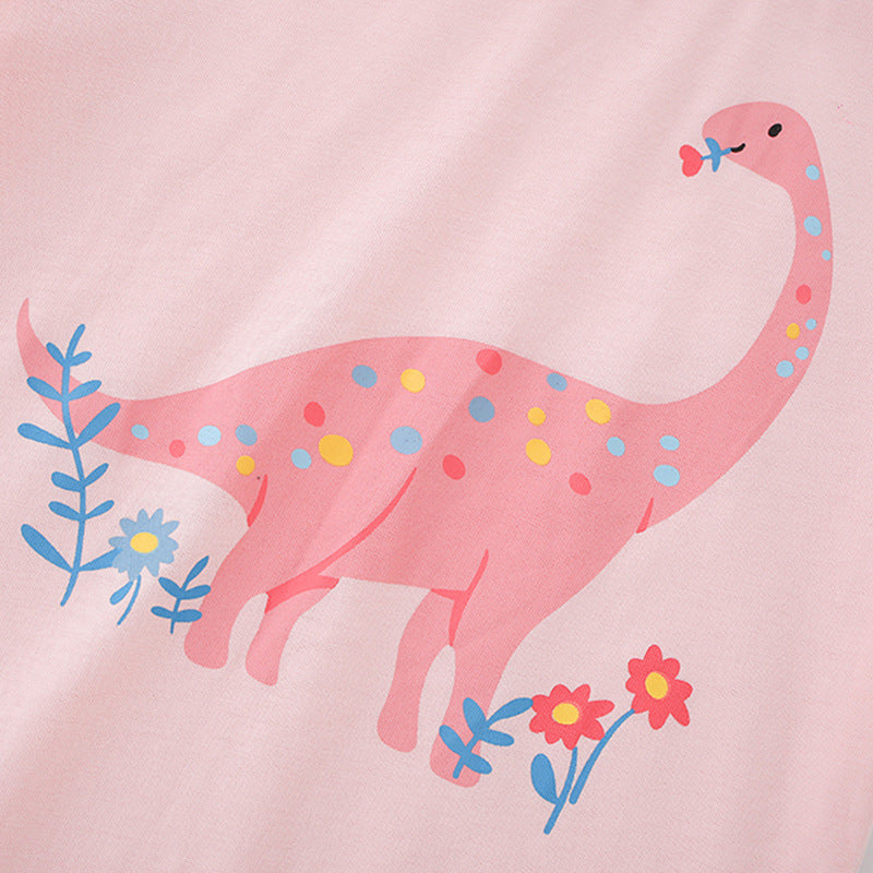 Girls’ Cartoon Pink Dinosaur Print Short Sleeves T-Shirt In European And American Style For Summer-3