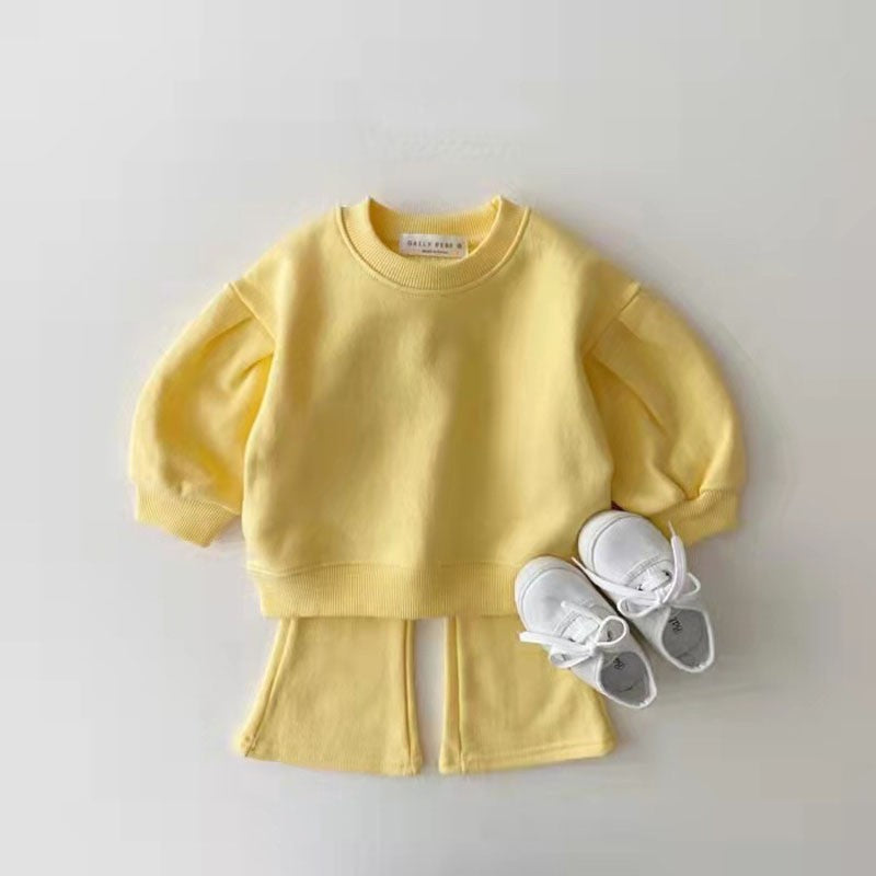 Autumn Baby Kids Unisex Casual Solid Color Long Sleeves Pullover and Flared Pants Clothing Set-2