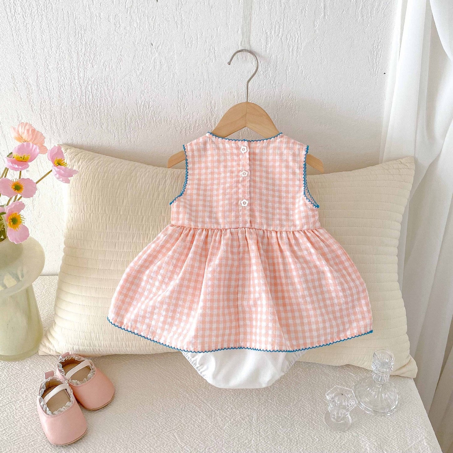 Summer Arrival Baby Girls Cute Pink Sleeveless Rabbits Pattern Plaid Onesies-1