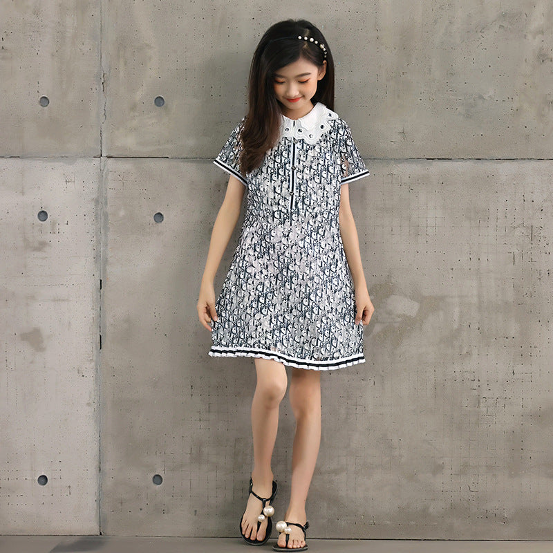New Design Summer Kids Girls Abstract Letters Print Fashion Short Sleeves Hollow Out Collar Dress-2