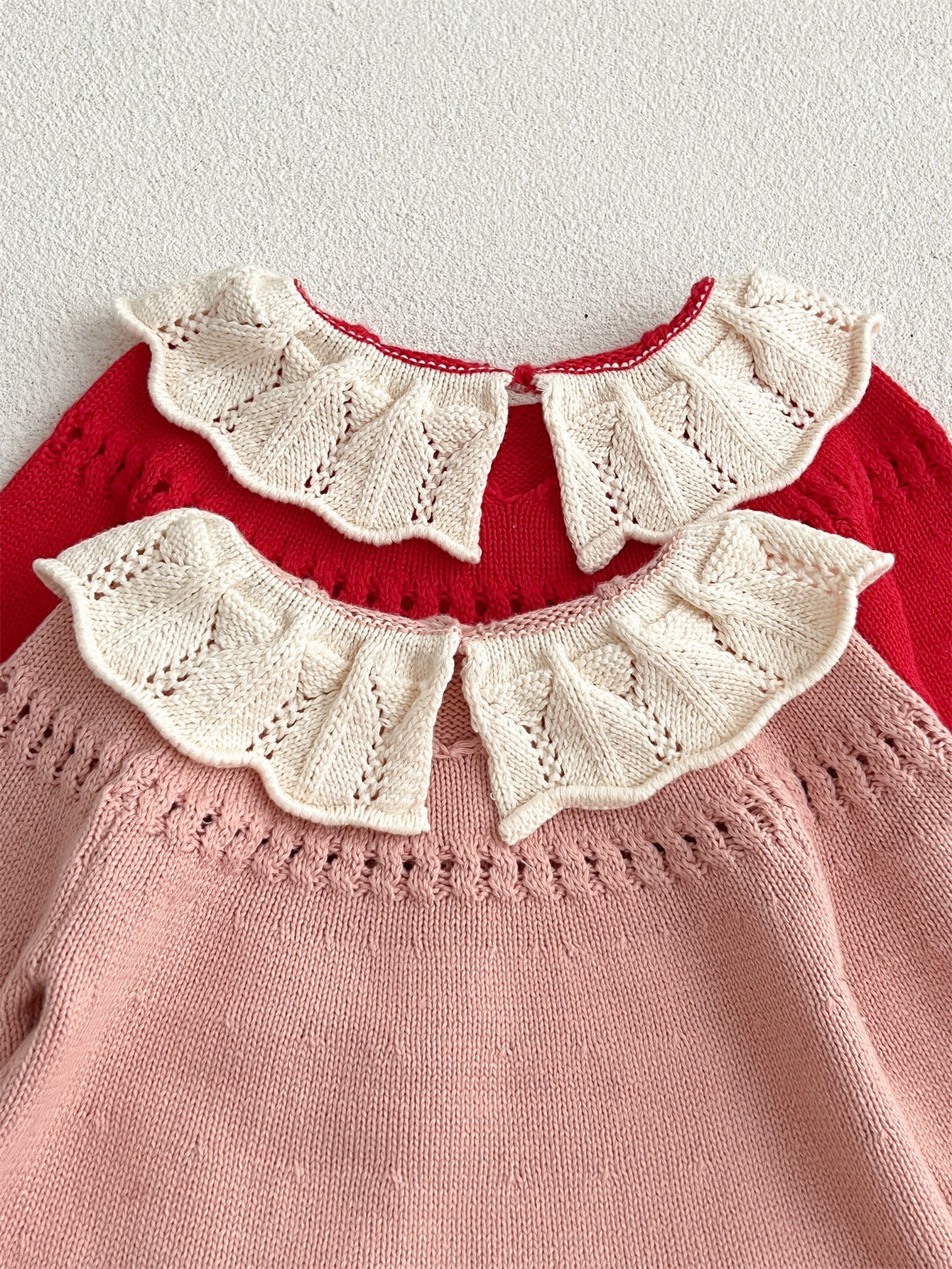 Autumn New Arrival Baby Kids Girls Comfortable Hollow-out Design Knitted Long Sleeves Top with Flowers Embroidery Pattern and Collar-2