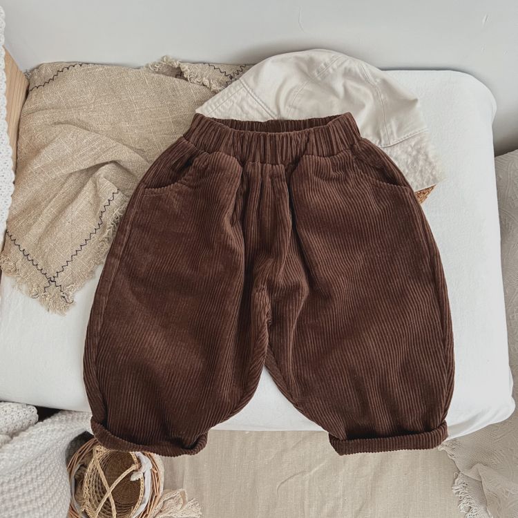 Baby Boy And Girl Solid Color Corduroy Fabric Long Pants With Pockets-1
