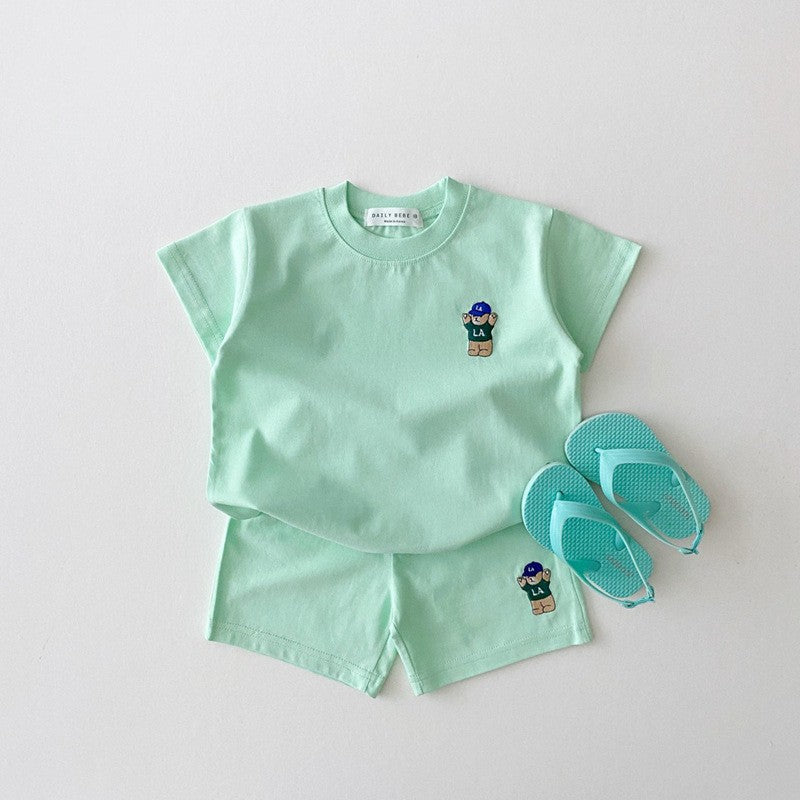 Summer Baby Kids Teddy Bear Pattern T-shirt and Shorts Clothing Set-3