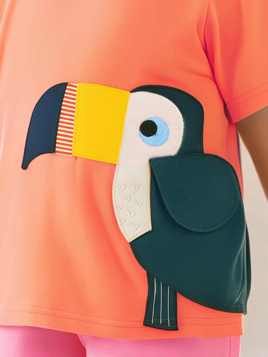 Kids’ Birds Cartoon Pattern Short Sleeves T-shirt in European and American Style for Summer-2
