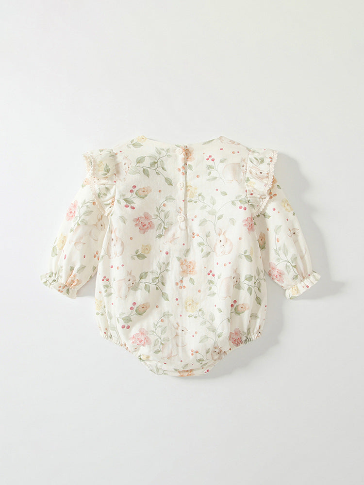 Spring Arrival Baby Girls Flowers Pattern Long Sleeved Onesies with Hat-2