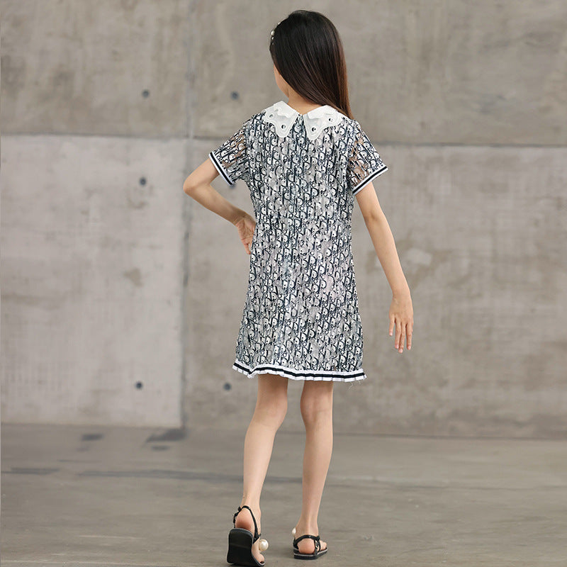 New Design Summer Kids Girls Abstract Letters Print Fashion Short Sleeves Hollow Out Collar Dress-3