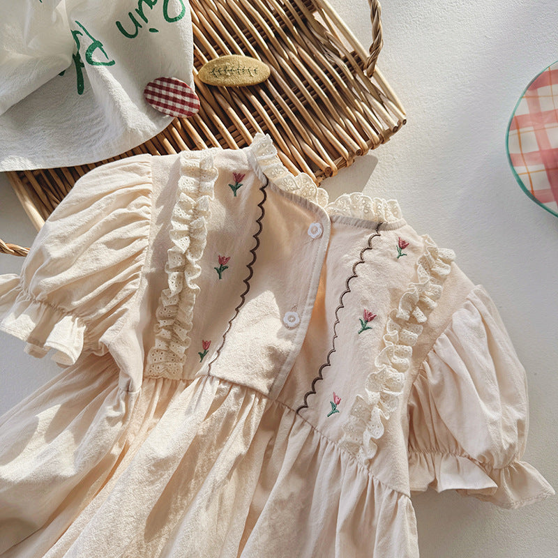 Summer Arrival Baby Kids Girls Cute Short Sleeves Flowers Pattern Embroidered Dress-1
