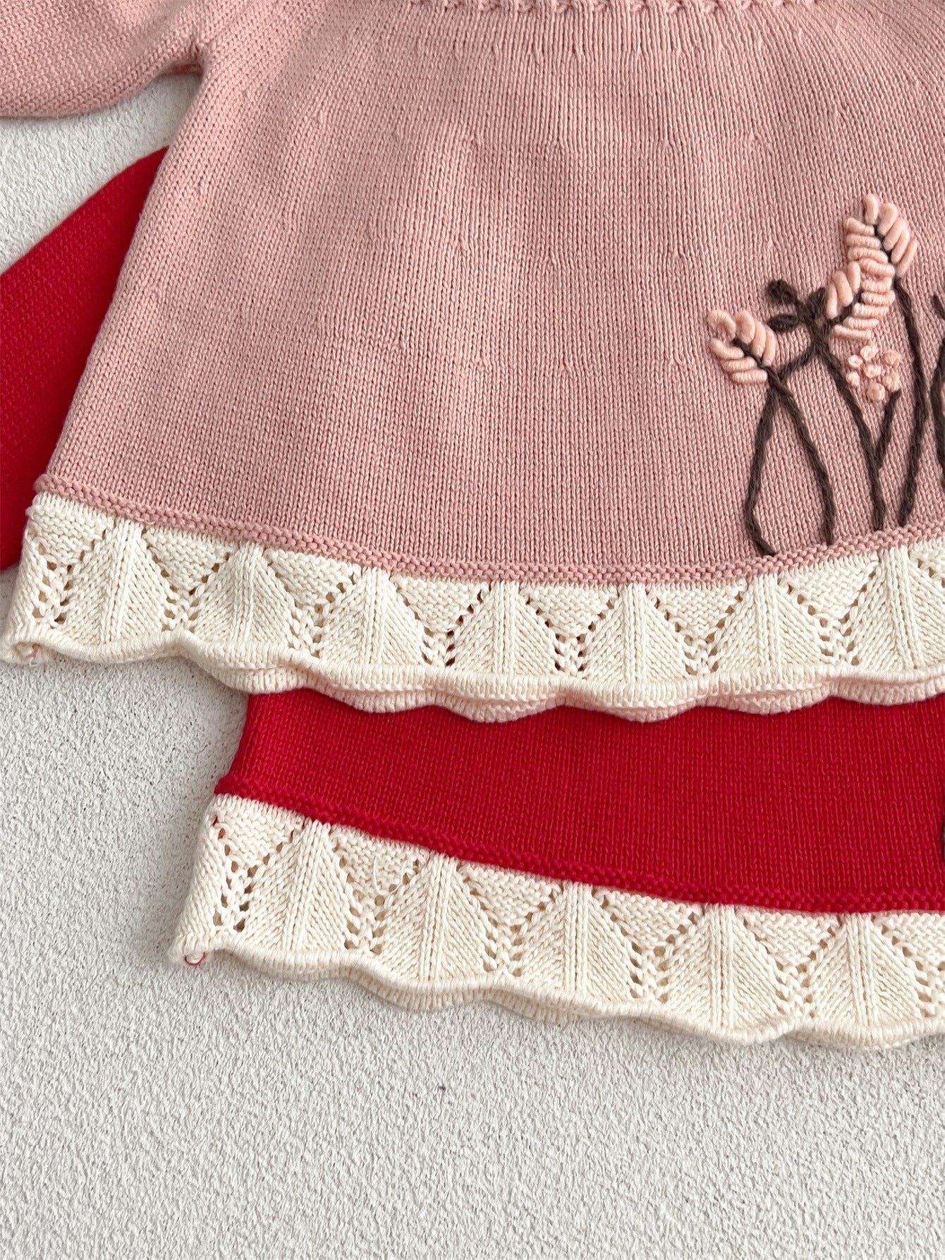 Autumn New Arrival Baby Kids Girls Comfortable Hollow-out Design Knitted Long Sleeves Top with Flowers Embroidery Pattern and Collar-3