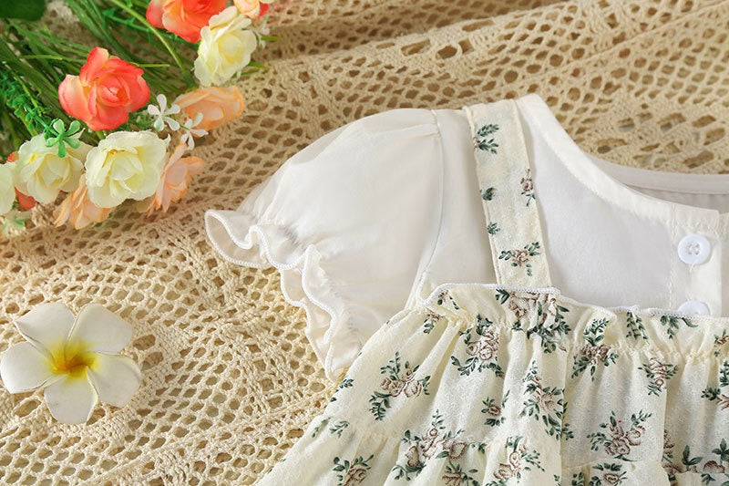 Baby Girl Floral Pattern Round Nek Short Sleeve Onesies Dress-3