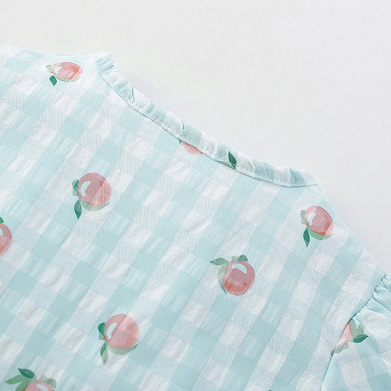 Summer Arrival Fruits Pattern Fly Sleeves Single Breasted Plaid Dress for Stylish Girls-2