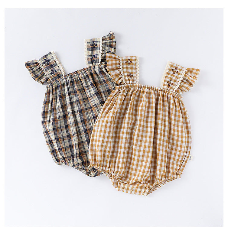 Summer Arrival Baby Girls Sleeveless Plaid Design Onesies Bodysuits-0