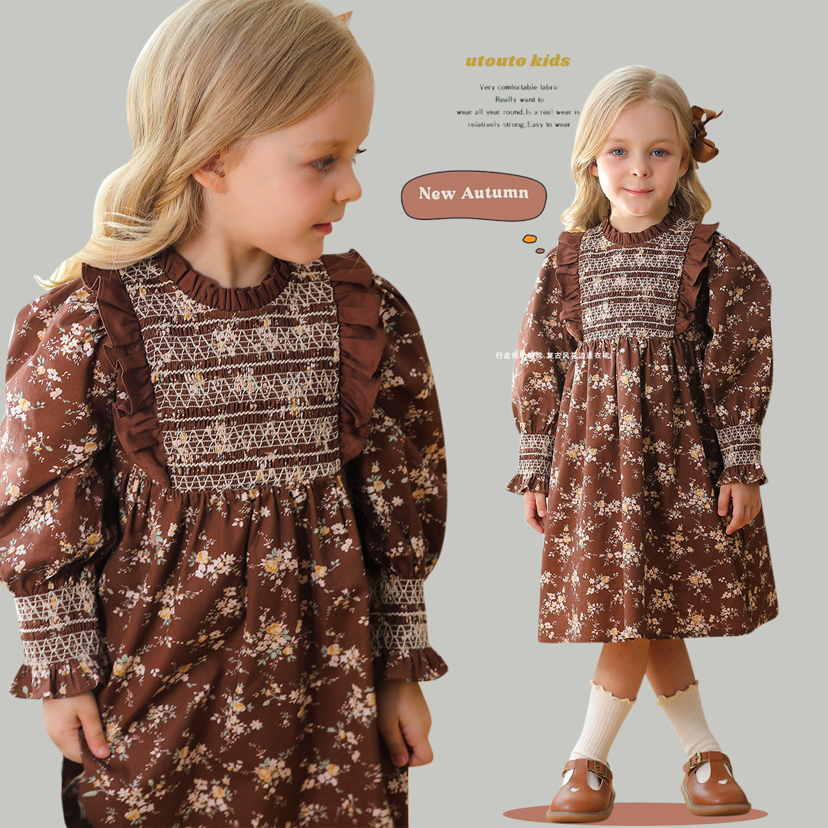 Design Autumn Girls Vintage Floral Long Puff Sleeves Ruffle Neck Dress-0