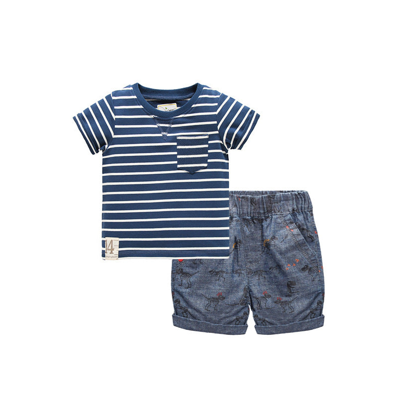 Summer Baby Kids Casual Striped Pattern T-shirt and Animals Pattern Shorts Clothing Set for Boys-0