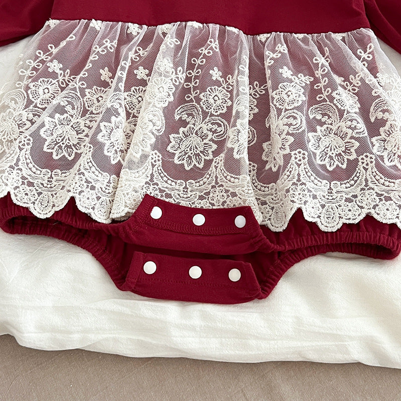 Autumn Arrival Baby Girls Long Sleeves Hollow-out Collar Tulle Patchwork Onesies-2