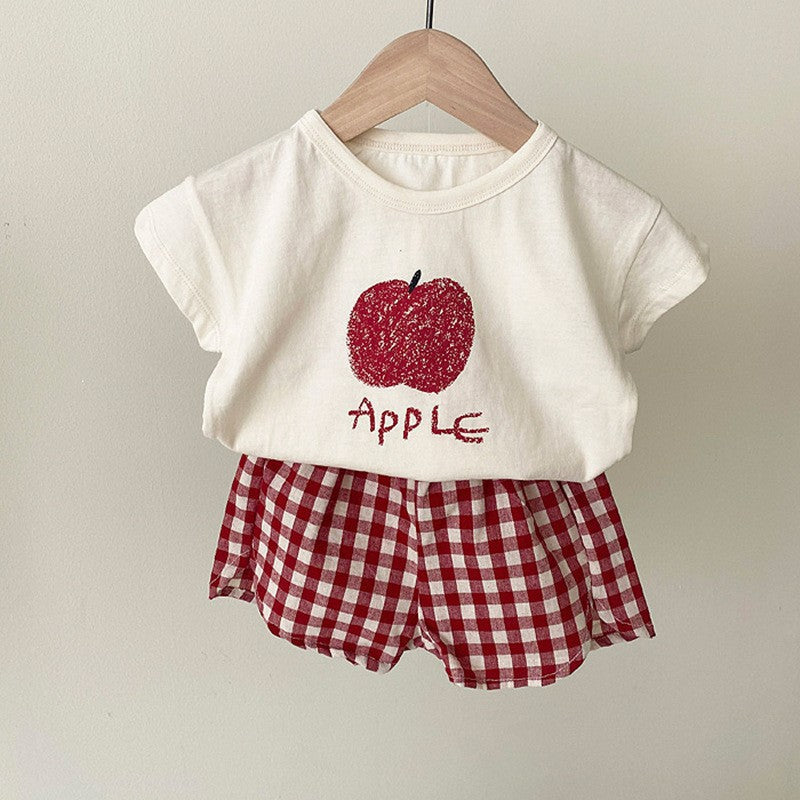 Summer Baby Kids Fruits Pattern Short Sleeves T-shirt and Plaid Shorts Clothing Set-3