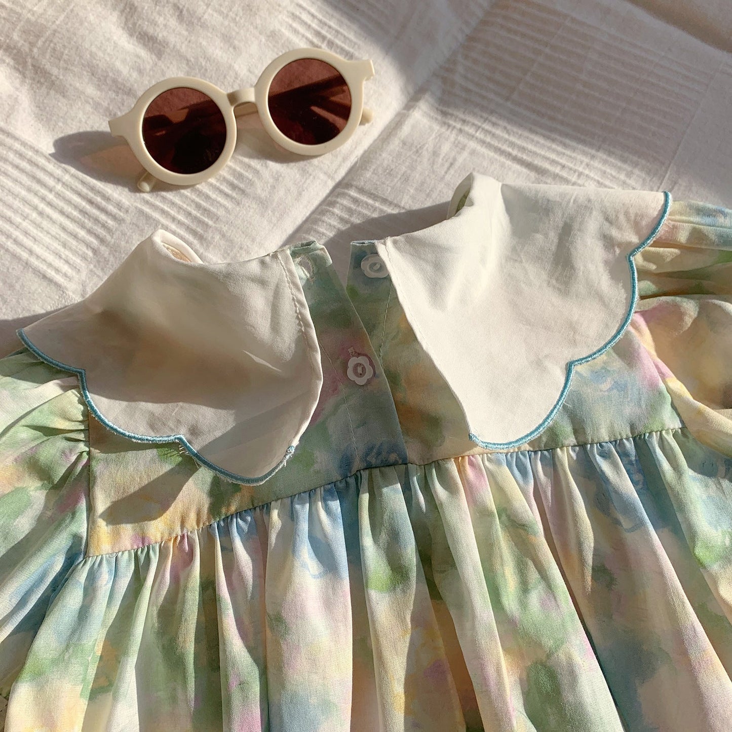 Summer Baby Kids Girls Short Sleeves Oil-Painting Flowers Pattern Dress-2