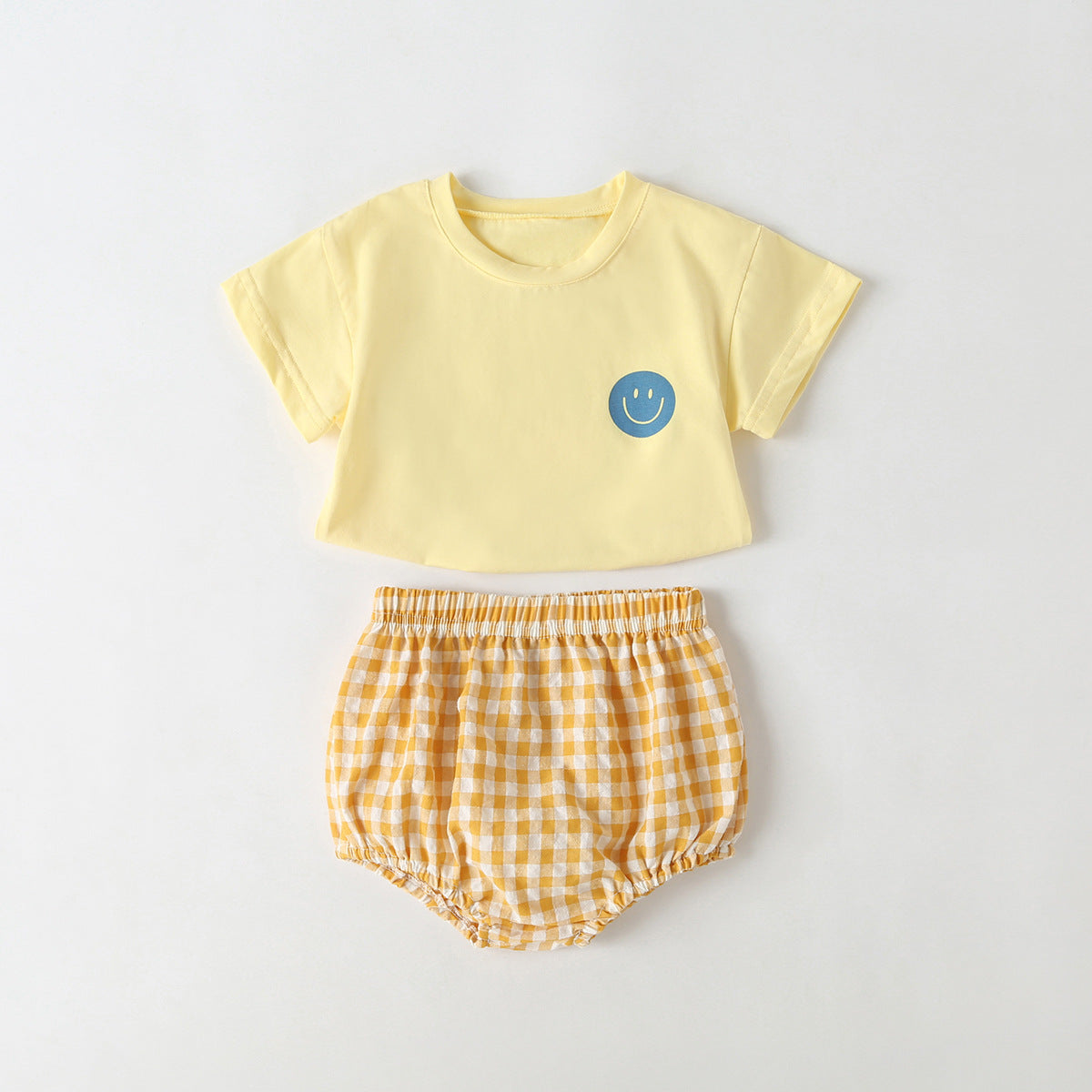Summer Baby Kids Smiling Face Pattern T-shirt and Plaid Bloomers Clothing Set-4