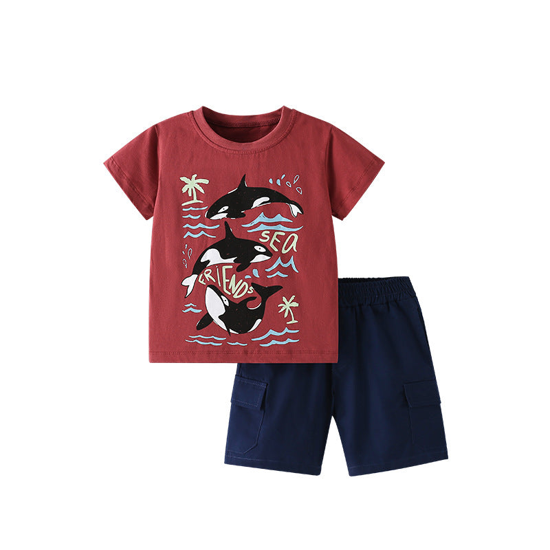 Summer Baby Kids Casual Marine Animals Pattern T-shirt and Shorts Clothing Set for Boys-0