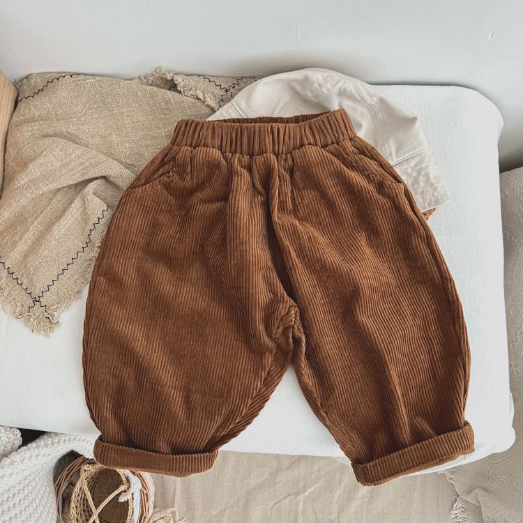 Baby Boy And Girl Solid Color Corduroy Fabric Long Pants With Pockets-3
