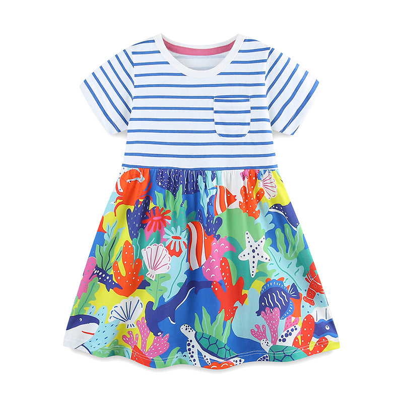 Summer Pure Cotton Cartoon Jungle Floral Pattern Short Sleeves Dress for Stylish Girls-0