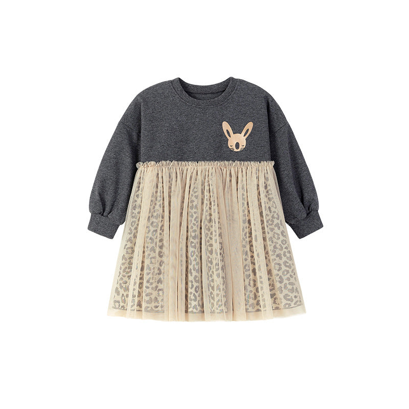 Autumn and Spring Arrival Princess Animals Pattern Long Sleeves Tulle Decorated Dress for Stylish Girls-4