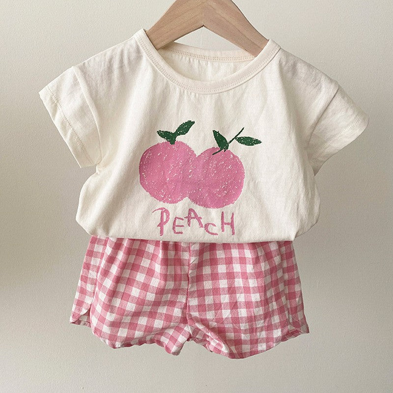 Summer Baby Kids Fruits Pattern Short Sleeves T-shirt and Plaid Shorts Clothing Set-5