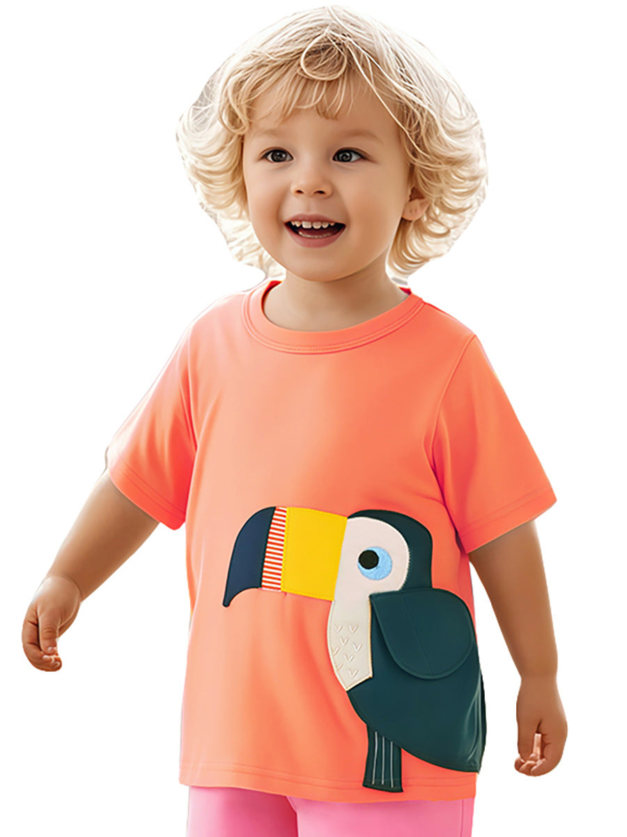 Kids’ Birds Cartoon Pattern Short Sleeves T-shirt in European and American Style for Summer-4