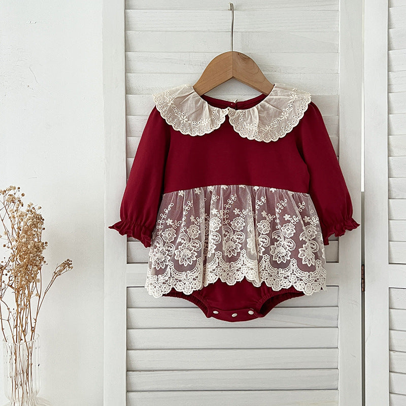 Autumn Arrival Baby Girls Long Sleeves Hollow-out Collar Tulle Patchwork Onesies-3