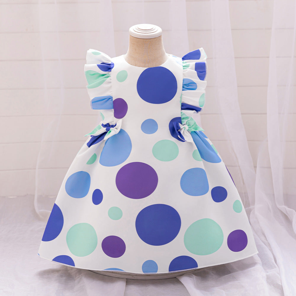 Summer Baby Kids Girls Fly Sleeves Crew Neck Fashion Polka Dots Dress-3