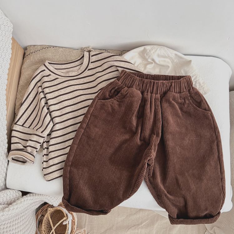 Baby Boy And Girl Solid Color Corduroy Fabric Long Pants With Pockets-4