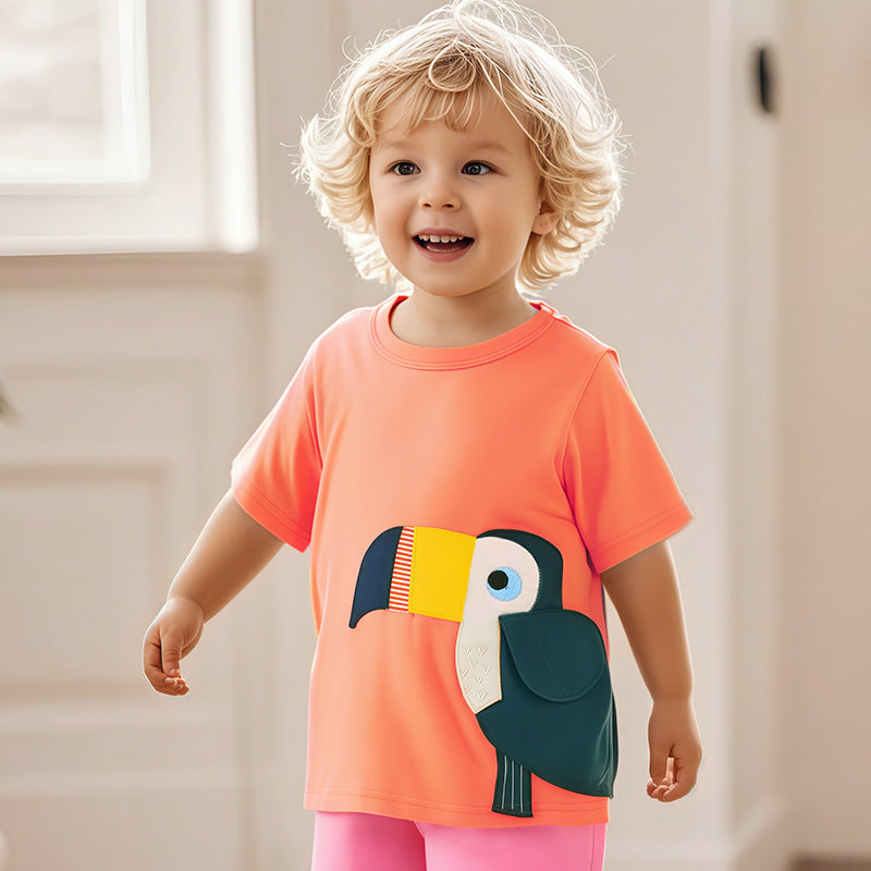 Kids’ Birds Cartoon Pattern Short Sleeves T-shirt in European and American Style for Summer-0