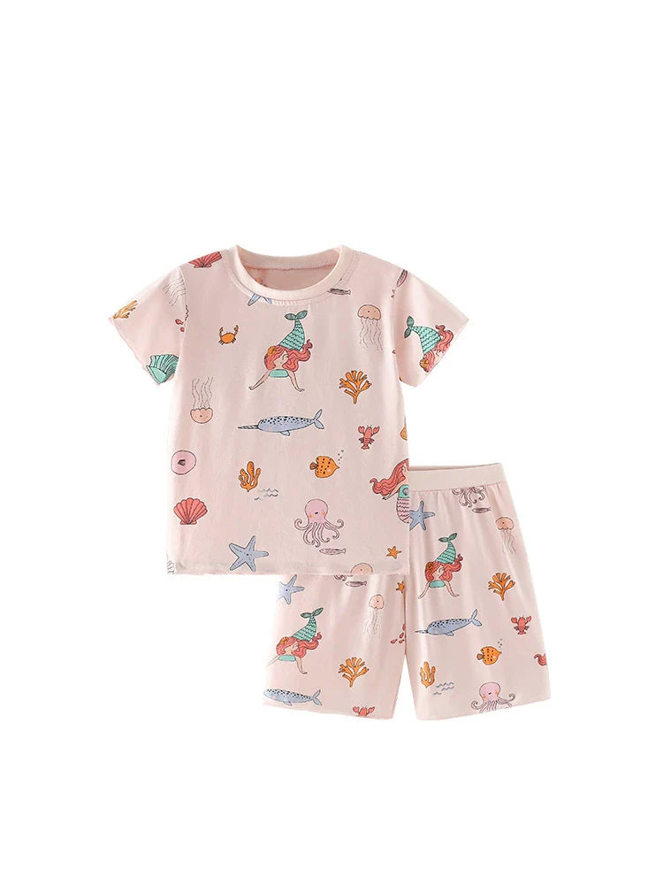 Summer Baby Kids Marine Mermaid and Animals Pattern T-shirt and Shorts Clothing Set for Girls-4