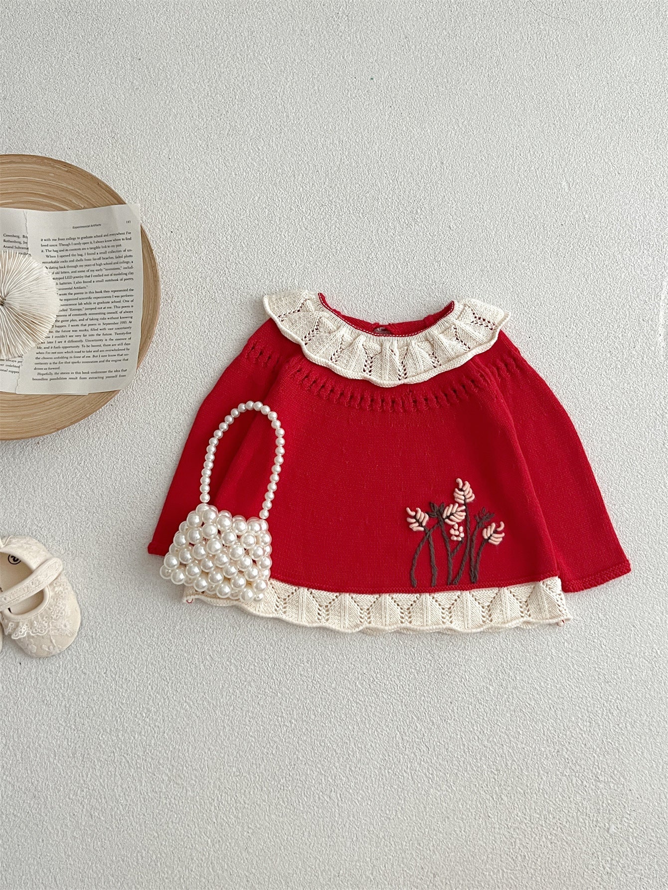 Autumn New Arrival Baby Kids Girls Comfortable Hollow-out Design Knitted Long Sleeves Top with Flowers Embroidery Pattern and Collar-5