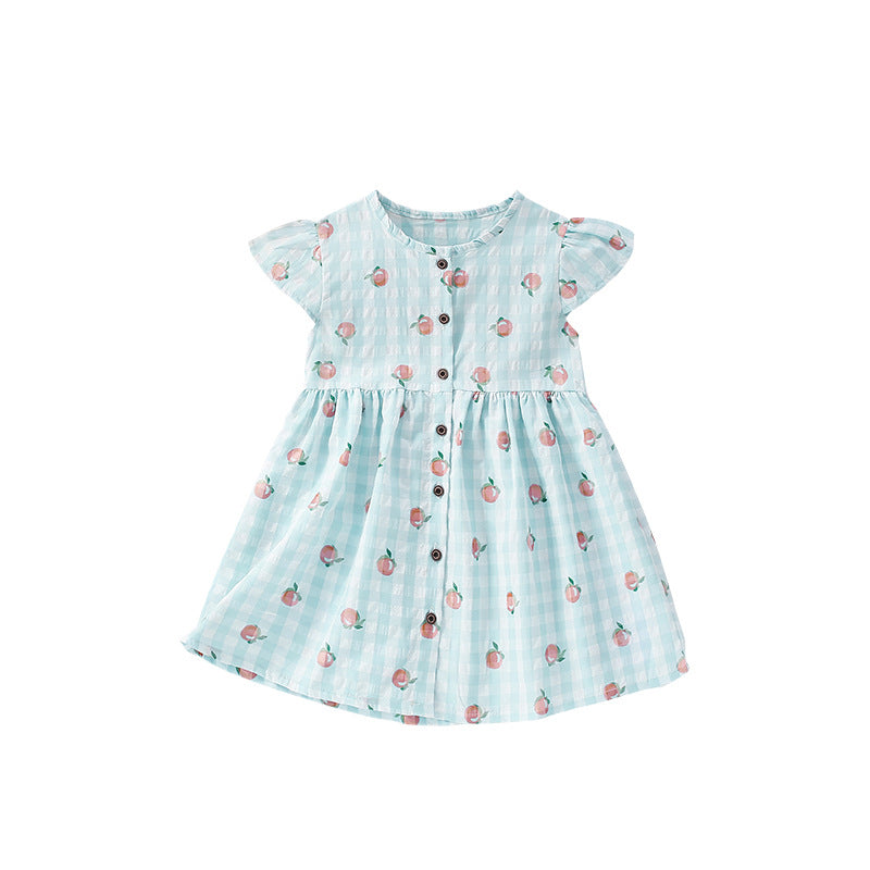 Summer Arrival Fruits Pattern Fly Sleeves Single Breasted Plaid Dress for Stylish Girls-0