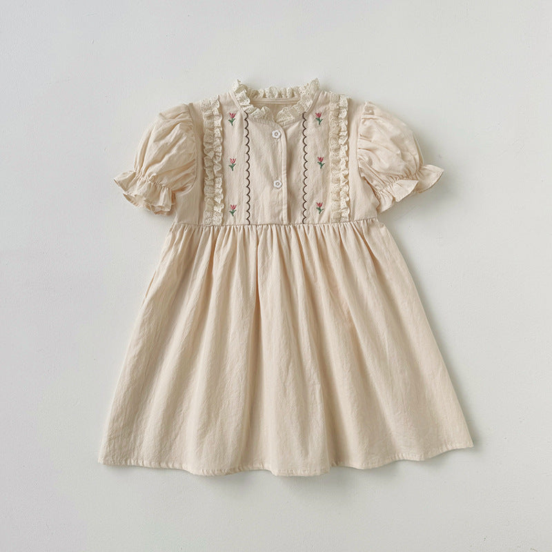 Summer Arrival Baby Kids Girls Cute Short Sleeves Flowers Pattern Embroidered Dress-0