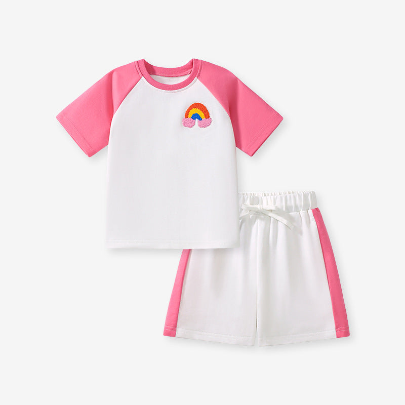 Summer Baby Kids Rainbow Cartoon Pattern T-shirt and Shorts Clothing Set for Girls-4