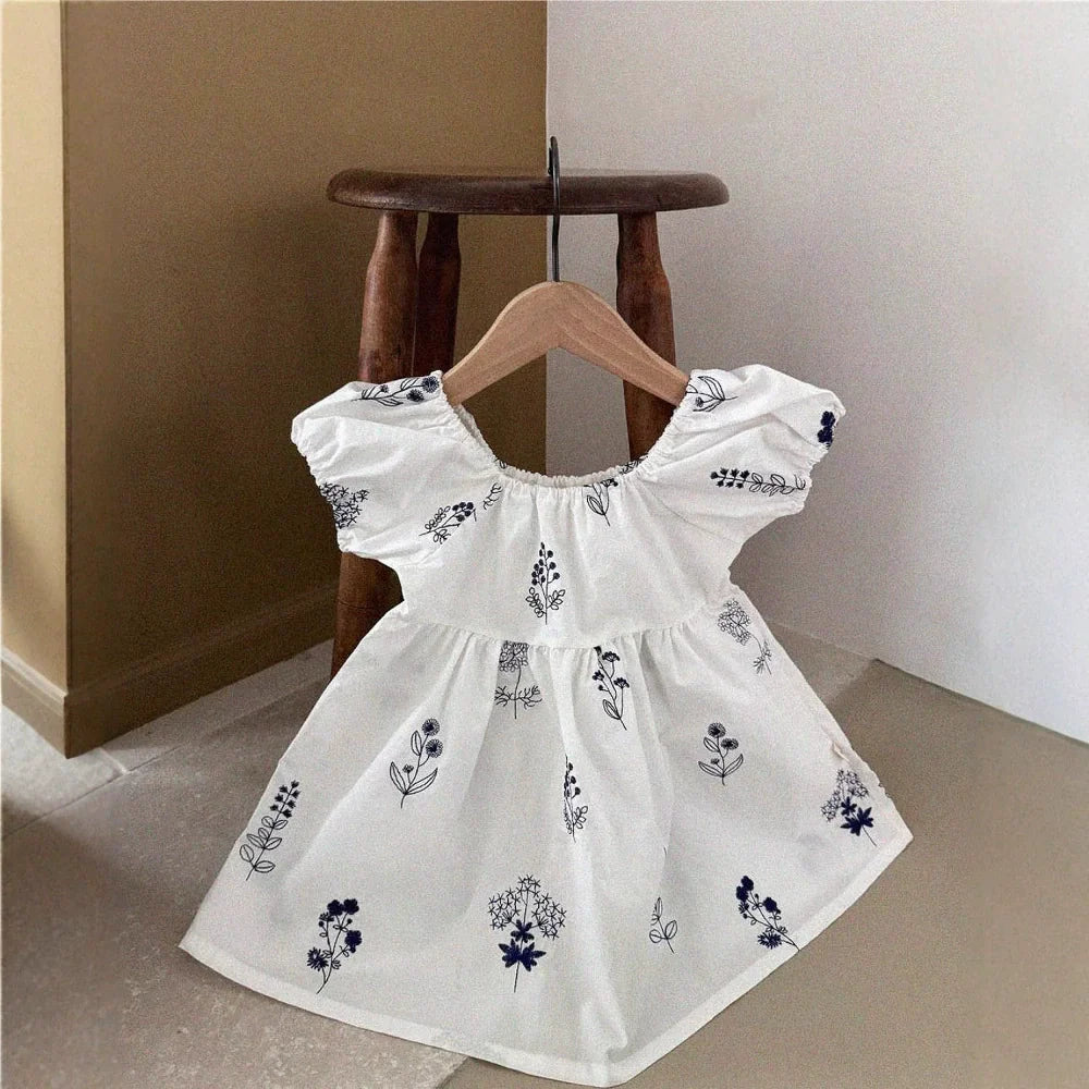 Summer Hot Selling Baby Kids Girls Vintage Short Sleeves Flowers Embroidered Princess Dress-3