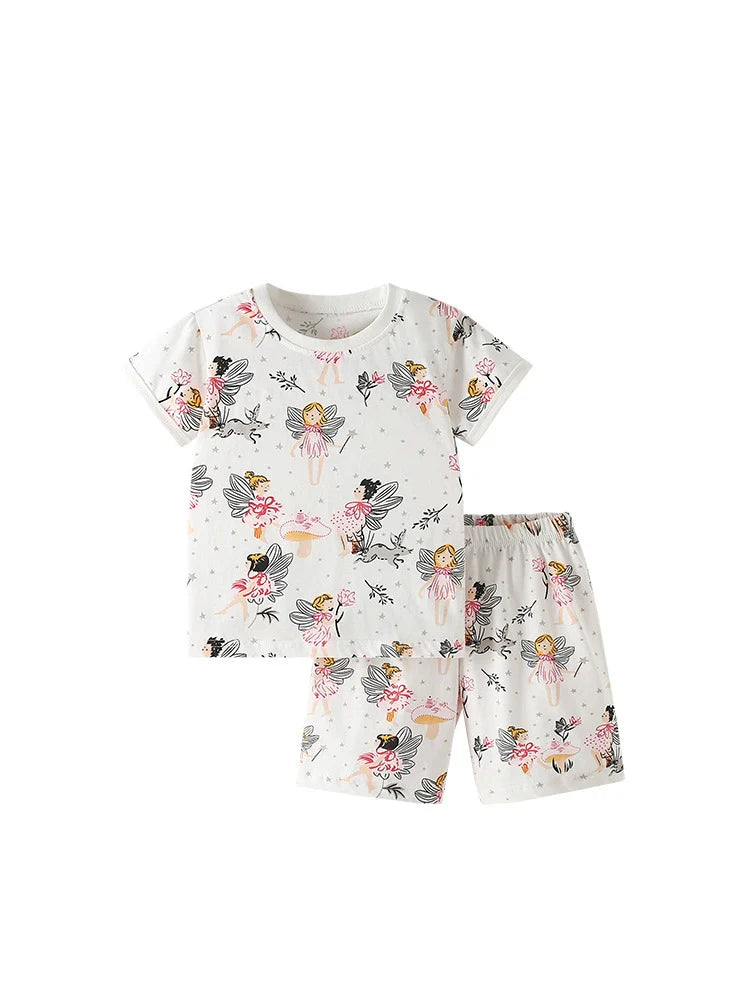 Summer Baby Kids Fairy Cartoon Pattern T-shirt and Shorts Clothing Set for Girls-4