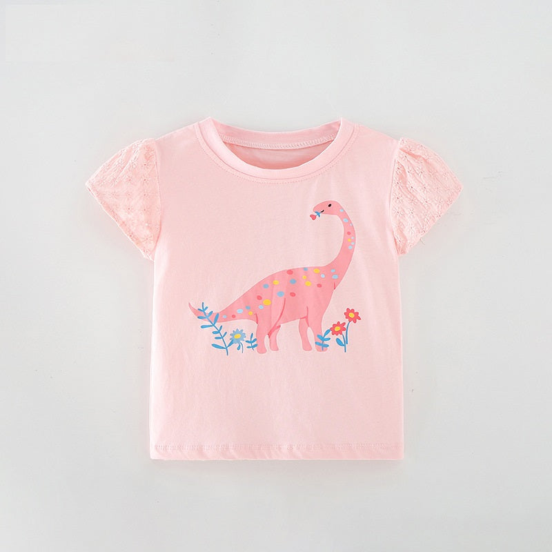 Girls’ Cartoon Pink Dinosaur Print Short Sleeves T-Shirt In European And American Style For Summer-0